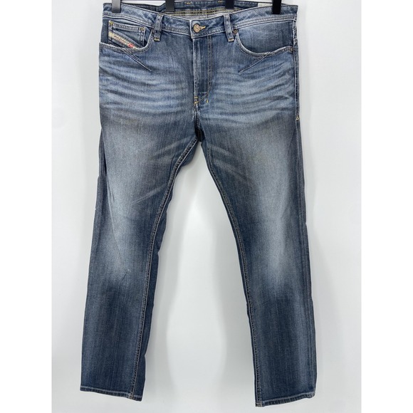 Diesel Jeans Mens 34x30 Blue Shioner Stretch Slim Distressed Denim Whiskering - Picture 1 of 15